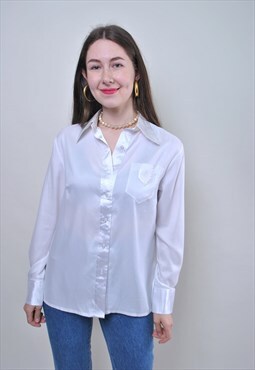 Vintage white office blouse, 90s retro floral shirt 