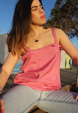 Pink Silky Camisole Top with Front Ruffle Detail