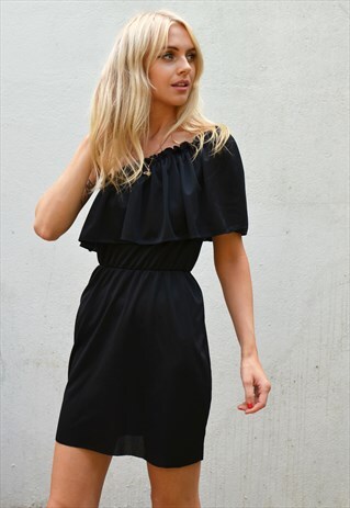 VINTAGE LBD BLACK BARDOT OFF ONE SHOULDER MINI DRESS