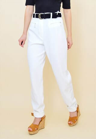 VINTAGE 90S WHITE STRETCHY RIBBED TAPERED TROUSERS