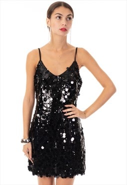 Circle Disc Sequin Strappy Short Dress in Black