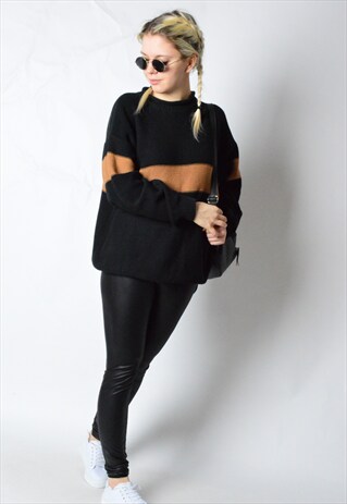 VINTAGE 90S BLACK BROWN COLOUR BLOCK KNIT BOYFRIEND JUMPER