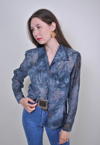 VINTAGE GREY FLORAL PATTERN BLOUSE WITH LONG SLEEVE