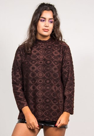 VINTAGE 90'S BROWN RAISED PATTERN HIGH NECK TOP