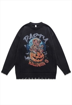 Halloween sweater pumpkin knit distressed jumper in black