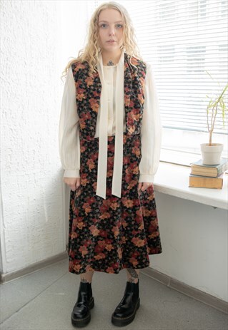 Vintage 70's  Floral Print Velvet Skirt And Vest Co-ordinate