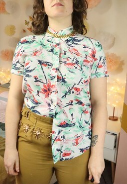 Retro Y2K White Tropical Floral Flowery Flowers Shirt Blouse
