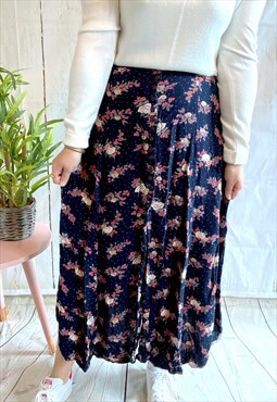 Vintage Blue & Pink Floral Soft 90's Midi Skirt