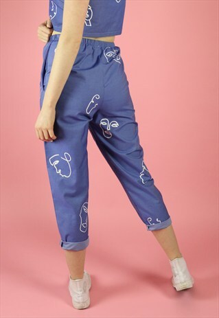 FACES LINE DRAWING PRINT DENIM HIGH WAIST PEG LEG TROUSERS