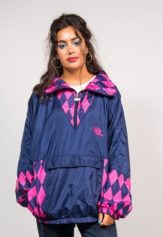VTG 90'S BLUE HARLEQUIN PATTERN HALF ZIP SHELLSUIT JACKET