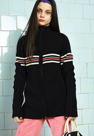 VINTAGE Y2K KNIT STRIPED FULL ZIP JUMPER PULLOVER BLACK