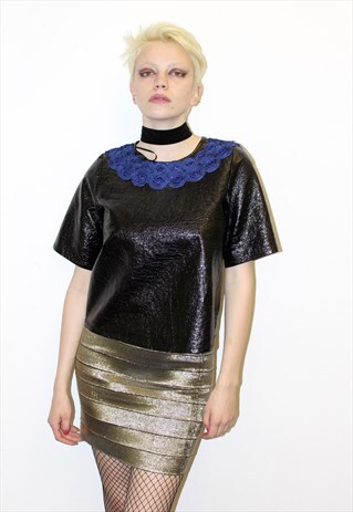 VINTAGE 90S PATENT BOXY TSHIRT SHINY FAUX LEATHER CRINKLED