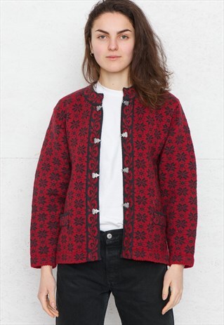 VINTAGE RED NORWEGIAN KNIT CARDIGAN SWEATER