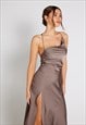 MILA ASYMMETRIC COWL NECK SATIN SLIP DRESS - TAUPE