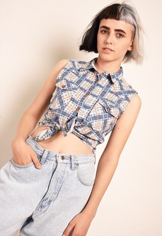 90S RETRO MULTICOLOUR TARTAN CHECKED PRINT BLOUSE TOP