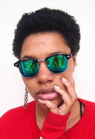 GREEN REFLECTIVE BLACK FRAME SUNGLASSES CLUBMASTER