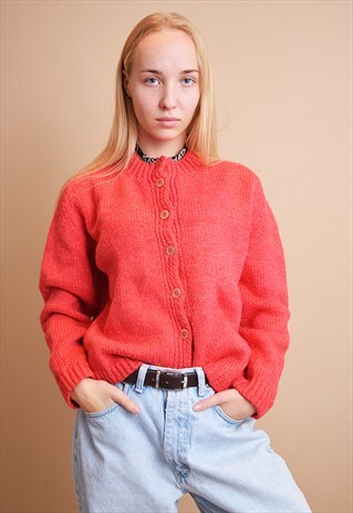 80'S RETRO HANDKNIT RASPBERRY WOLLEN CARDIGAN TOP