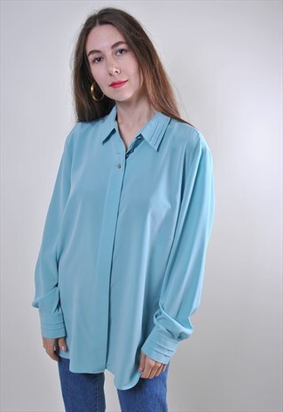 VINTAGE WOMAN BLUE FORMAL SUIT BLOUSE FOR WORK