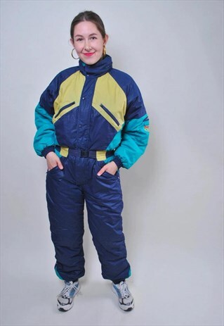 Multicolor one piece ski suit, vintage women full snow suit