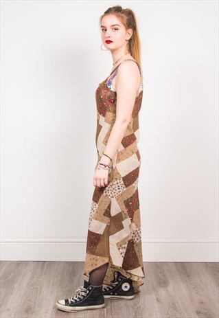 VINTAGE 90'S BROWN CHECKED FLORAL PATTERN MAXI DRESS