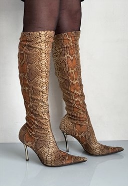 Vintage Y2K iconic snake print stiletto sock boots in brown