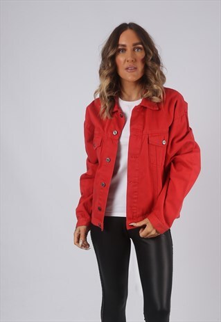 VINTAGE DENIM JACKET OVERSIZED RED UK 14 LARGE (DL1N)