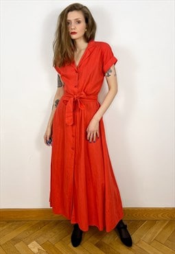 Linen Short Sleeve Coral Red Button up Dress with tie waist