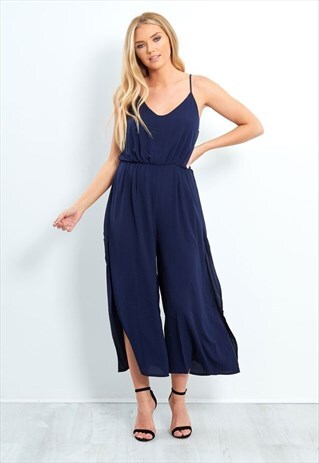 NAVY SPAGHETTI STRAP SPLIT LEG JUMPSUIT