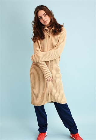 90'S RETRO Y2K RIBBED KNIT NEUTRAL LONG CARDIGAN