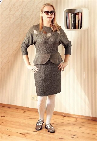 BROWN AND BLACK CHECKED KNITTED PEPLUM DRESS