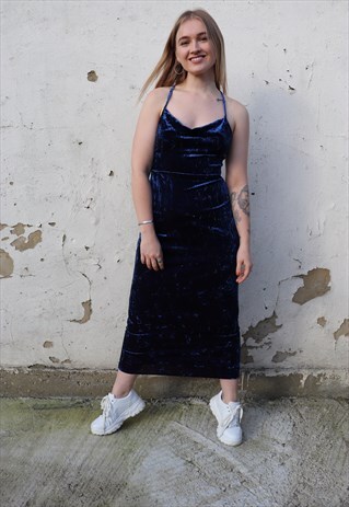 NAVY BLUE CRUSH VELVET THIN STRAP EVENING MAXI DRESS