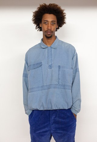 80S 90S MINIMALIST SKATER BLUE POPOVER SHIRT XL