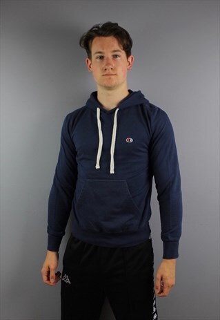 VINTAGE CHAMPION HOODIE IN NAVY WITH EMBROIDERED LOGO AND PO