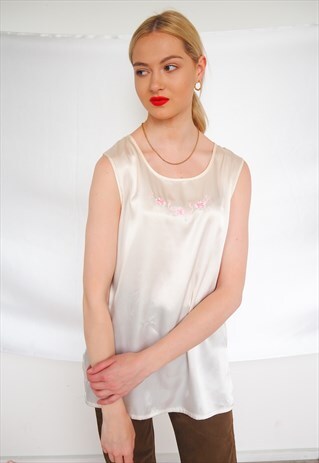 VINTAGE SILKY SLEEVELESS BLOUSE WITH FLORAL EMBROIDERY