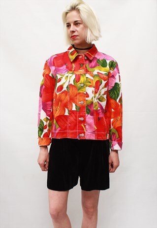 VINTAGE 90' UNIQUE CUTE COLORFUL FLOWER DENIM JACKET