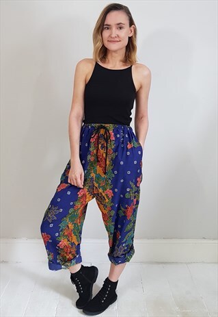 VINTAGE 90'S BLUE AND RED PATTERNED FLORAL COTTON TROUSERS