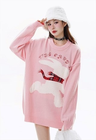 Bunny sweater rabbit print jumper knitted festival top pink