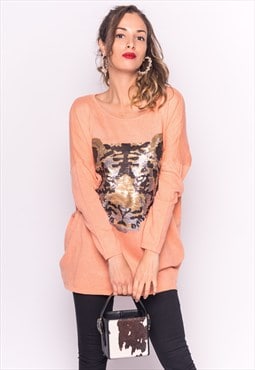 Oversized Jumper with Sequin Tiger in Peach