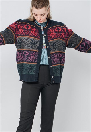 VINTAGE 80S OVERSIZED PUFFY SLEEVE COLOURFUL WOOL CARDIGAN