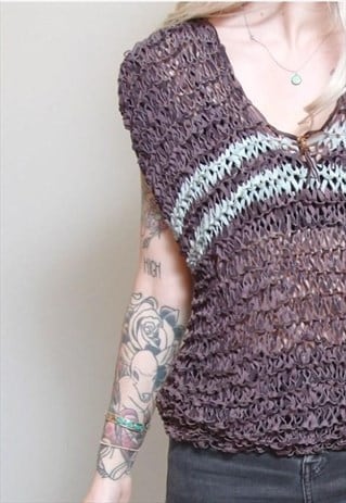 VINTAGE 1980'S PURPLE WOVEN LEATHER STRIPED TOP