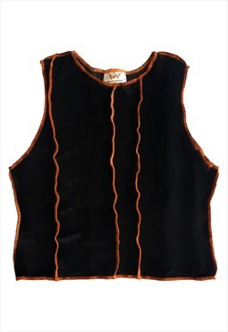Velvet tank top in black with asymmetrical orange stitching