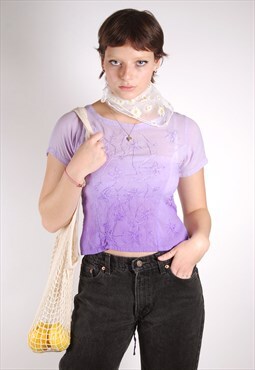 Y2K Ombre Top (M) vintage purple criss cross tie embroidered