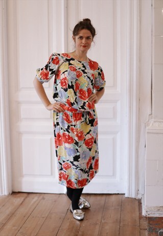 VINTAGE MIDI MULTICOLOR FLOWER PRINT DRESS