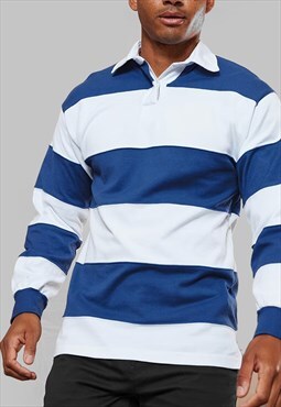 54 Floral Striped Long Sleeve Rugby Shirt - Navy Blue/White
