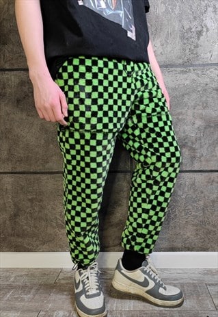 SKA CHECK FLEECE JOGGERS HANDMADE FLUFFY VANS OVERALLS GREEN