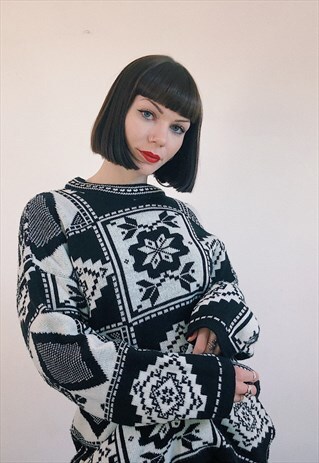 90S VINTAGE THICK KNIT FUNKY BLACK WHITE OVERSIZE JUMPER