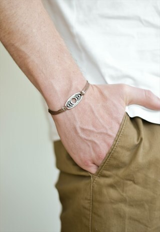 MENS BRACELET SILVER OVAL KARMA CIRCLE BROWN CORD MEN GIFT
