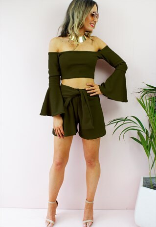 KHAKI BARDOT CROP TOP HIGH WAIST MINI SHORTS SET