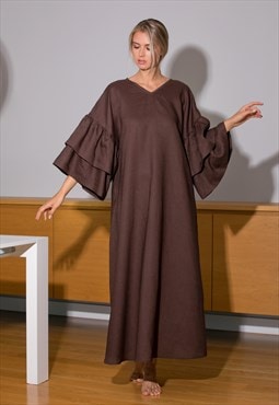 Brown Linen Maxi Dress with Ruffle Dress