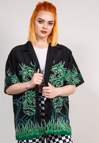 Y2K VINTAGE GREEN DRAGON ORIENTAL OVERSIZE SHIRT